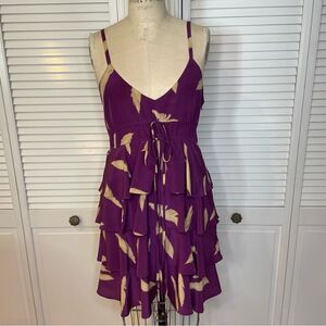 KAREN ZAMBOS Vintage Couture Purple W/Feather Print 100% Silk Ruffled Dress Sz-L
